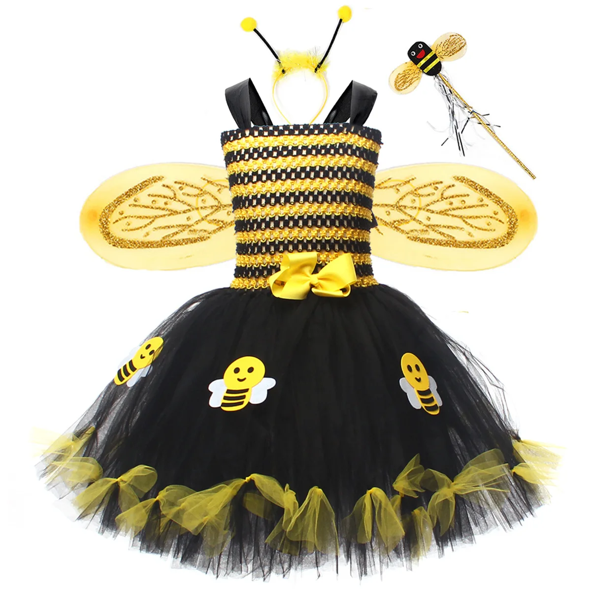 Little Bee Tutu Dress for Girls Halloweeen Cosplay Costume Tulle Flowers Kids Holiday Party Honeybee Fairy Fancy Dress Up Outfit