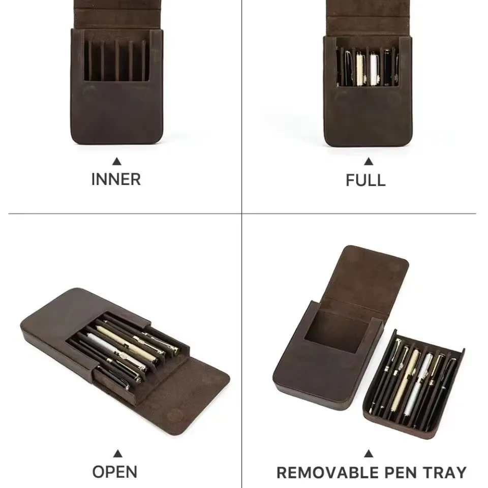

Handmade Crazy Horse Leather Pen Bag with Magnetic Drawer 6 Student Pen Storage Box Organizer