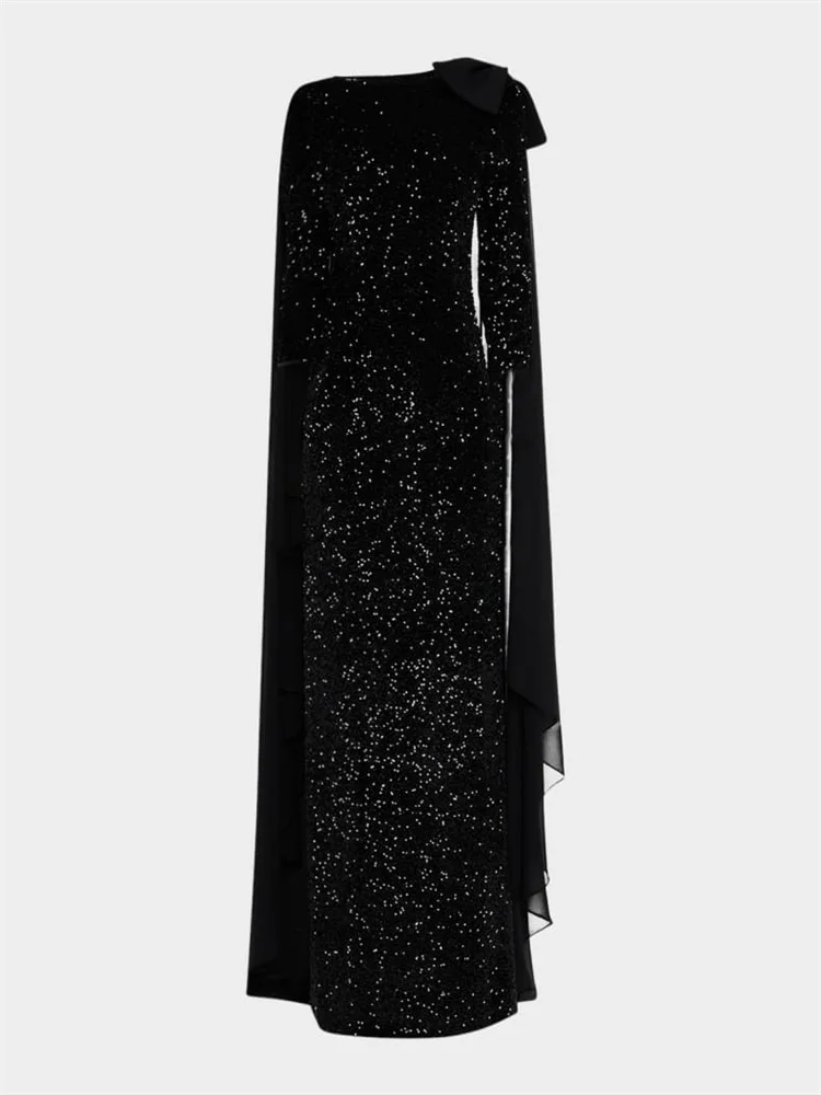 New Arrival High Neckline 3/4 Chiffon Sleeves Column Sequin Evening Dress Elegant Back Zipper Floor Length Gown For Women 2024