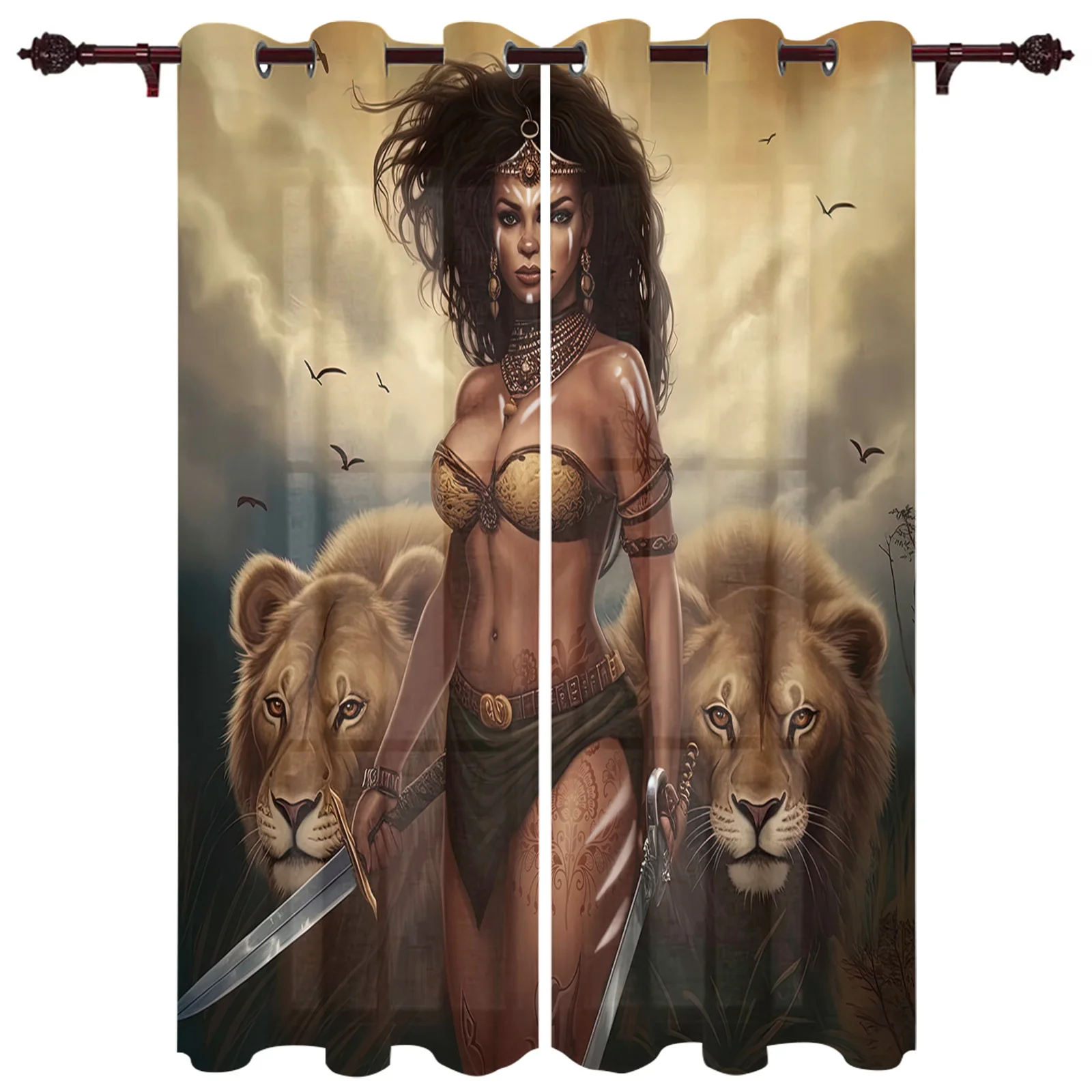 African Savanna Woman Lion Modern Window Curtains for Living Room Bedroom Curtain Kitchen Treatment Blinds Drapes