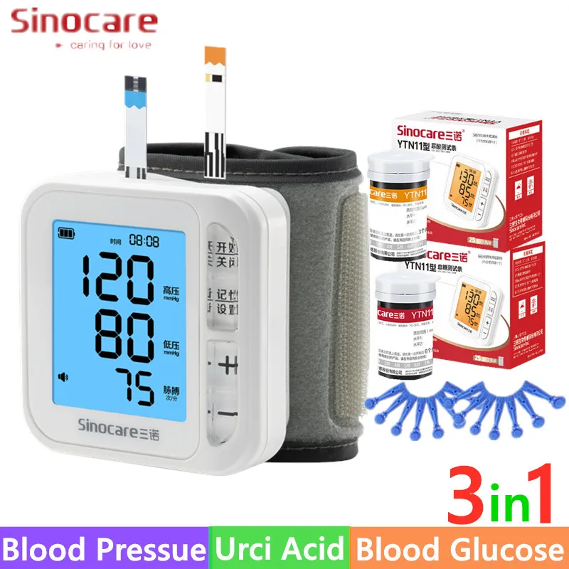 SINOCARE 3 in 1 Glucometer KIT Blood Pressure Glucose Uric Acid Meter or Test strips Lancets Rapid test for Gout Diabetes