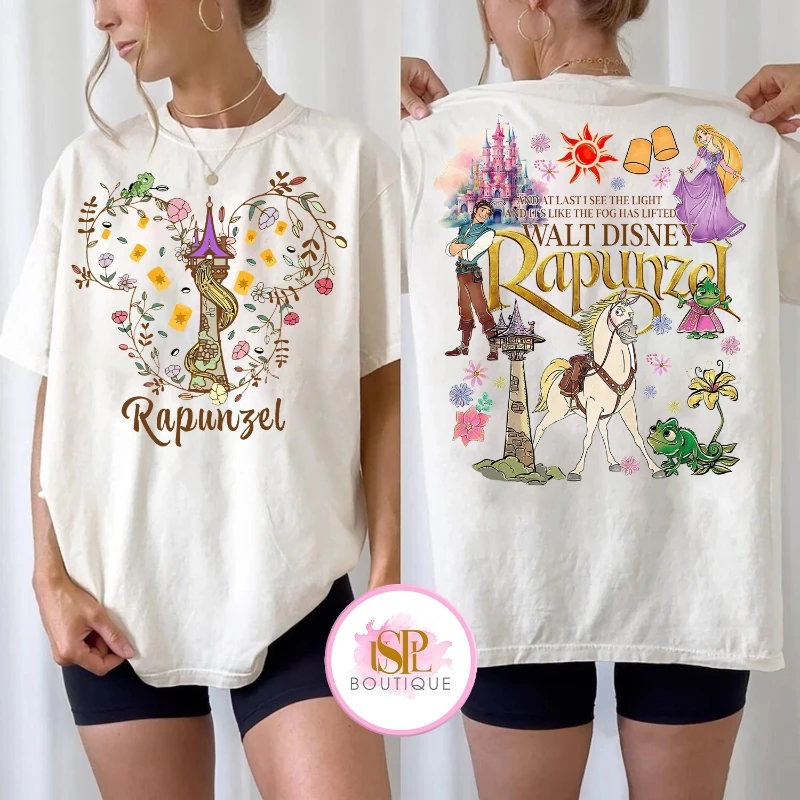 ديزني رابونزيل متشابكة المملكة السحرية فلين رايدر تي شيرت النساء الرجال موضة الصيف عادية طاقم الرقبة قصيرة الأكمام الرياضة فضفاضة
