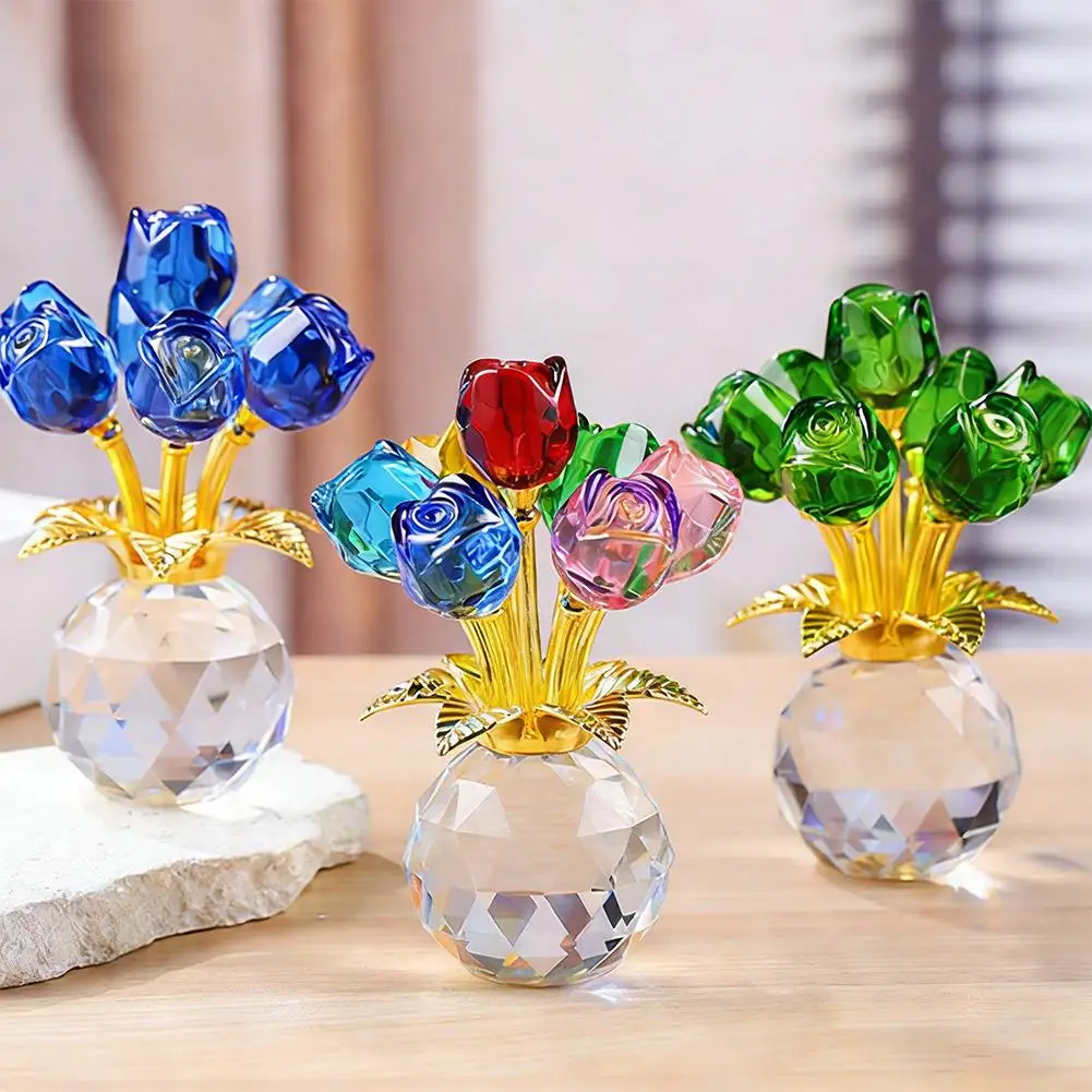 Crystal Rose Table Ornament Red Seven-Petalled Crystal Artisan Valentine's Handcrafted Rose Mother's Day Day Creative Gift Q9L3