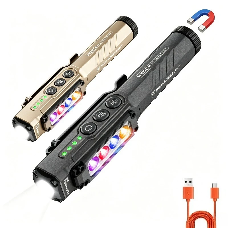 Triple Light EDC Flashlight Gift Box 19 Modes 1200LM Max UV/Red/Blue Warning Side Light Magnetic Base Pocket Clip USB-C Recharge