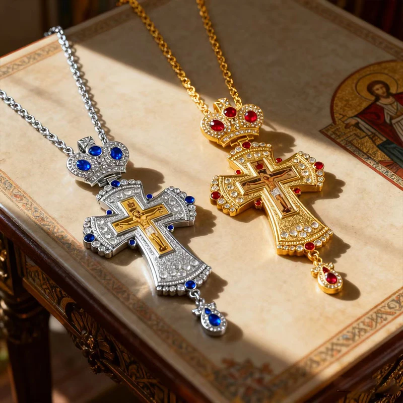 Neues vergoldetes orthodoxes Brustkreuz mit roten Kristallakzenten und Kruzifix-Ikone, hochwertiger liturgischer Schmuck für Priester. – Detail 6