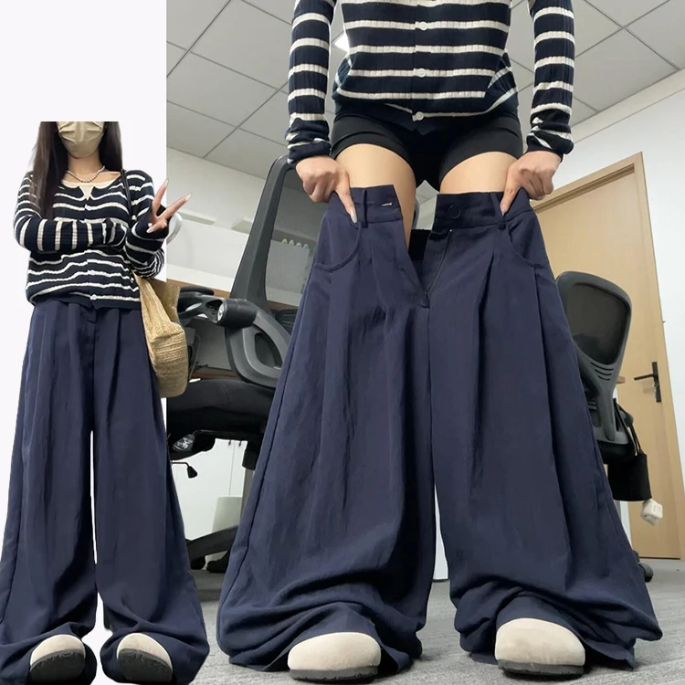 Casual losse damespakbroek hoge taille geplooide afslankende wijde pijpen Koreaanse Sle blauwe casual losse comfortabele broek