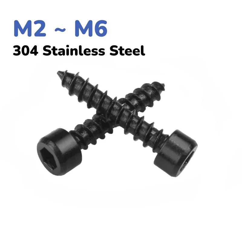 Black 304 Stainless Steel M2 ~ M6 Hex Socket Cap Head Self Tapping Screw Wood Screws Length 4 ~ 40mm