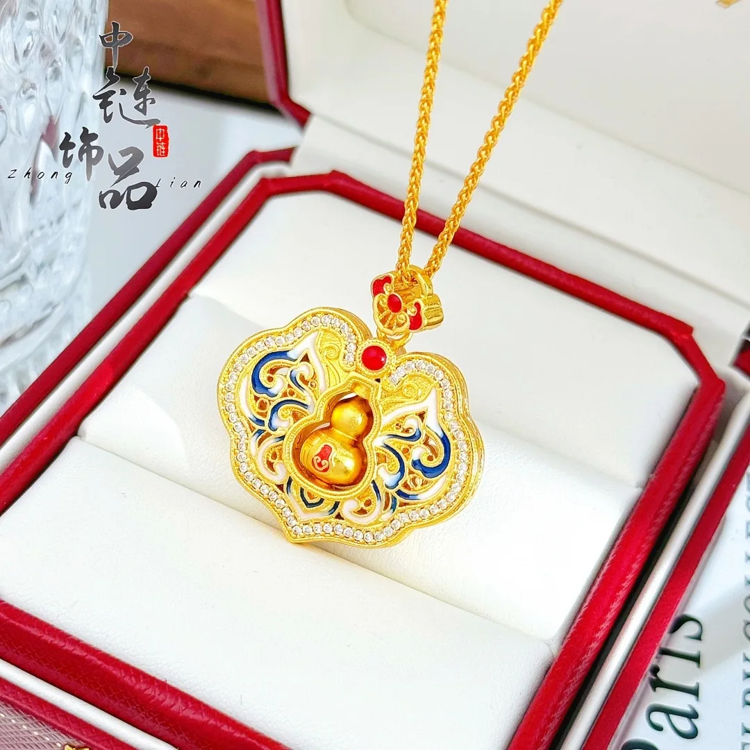 9999 gold enamel-colored blue-and-white porcelain lotus-leaf-shaped lock pendant, rotating auspicious lotus-shaped  chain