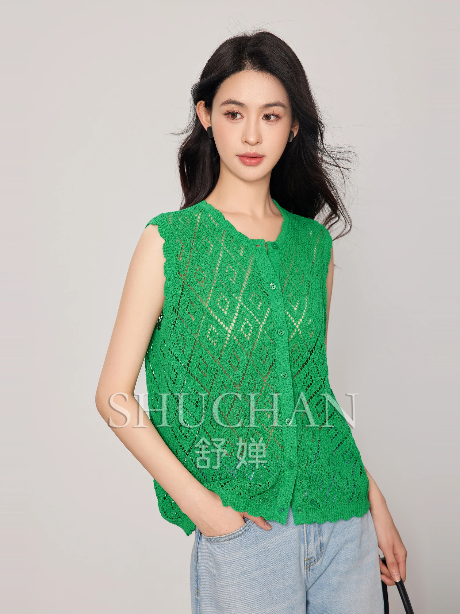 

Retro Rhombus Hollow Crochet Soft Breathable Sleeveless Knitted Literary Vest Cardigan Women Sexy Top