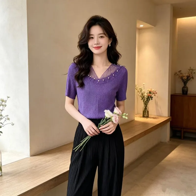 Miyake Pleated T-Shirt Plisse 2026 Summer New Lace Trim Round Neck Slim Fit Elegant Age-Reducing Short Sleeve Pleats T-Shirt Top