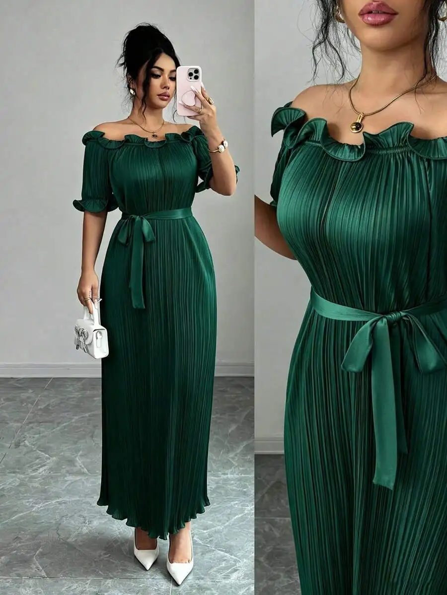 

Emerald Green Off Shoulder Frill Trim Pleated Maxi Dress With Belt