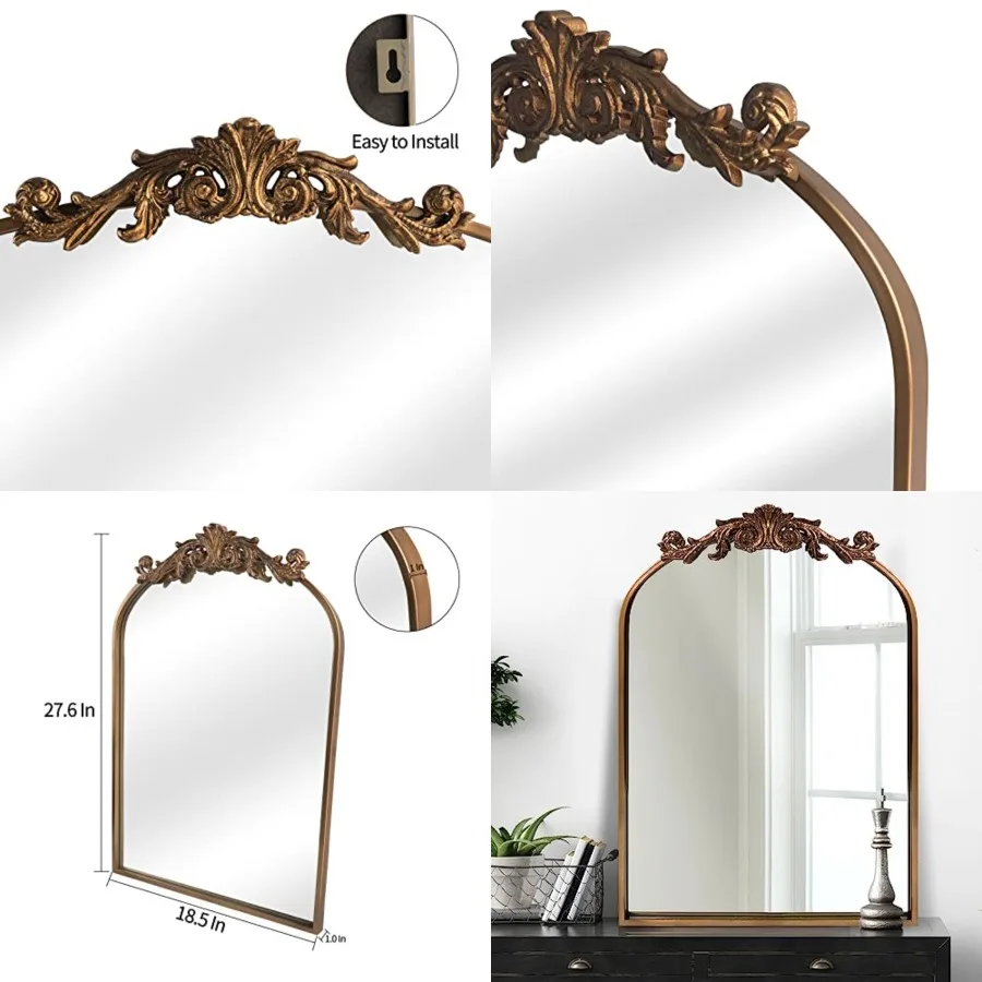 

Gold Traditional Vintage Ornate Baroque Mirror, Gold Brass Mirror for Wall, Victorian Antique Bronze Mirrors Arched for Bathroo