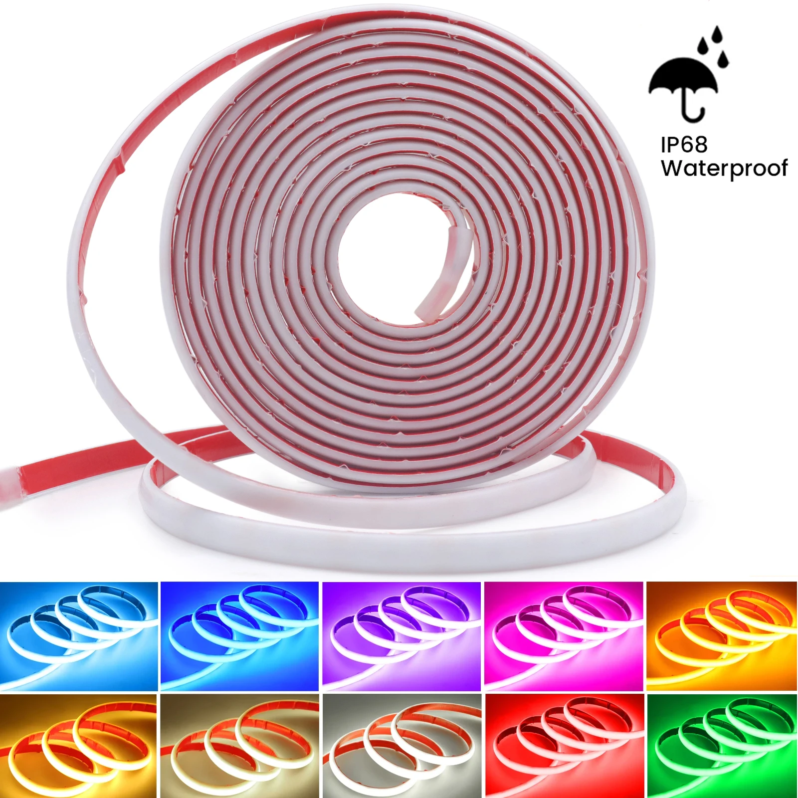 Impermeável COB LED Strip Light, High Bright, Garden Decor, Neon Tape, Vermelho, Azul, Verde, Roxo, Rosa, 3000K, 6000K, 12V, 320LEDs, IP68