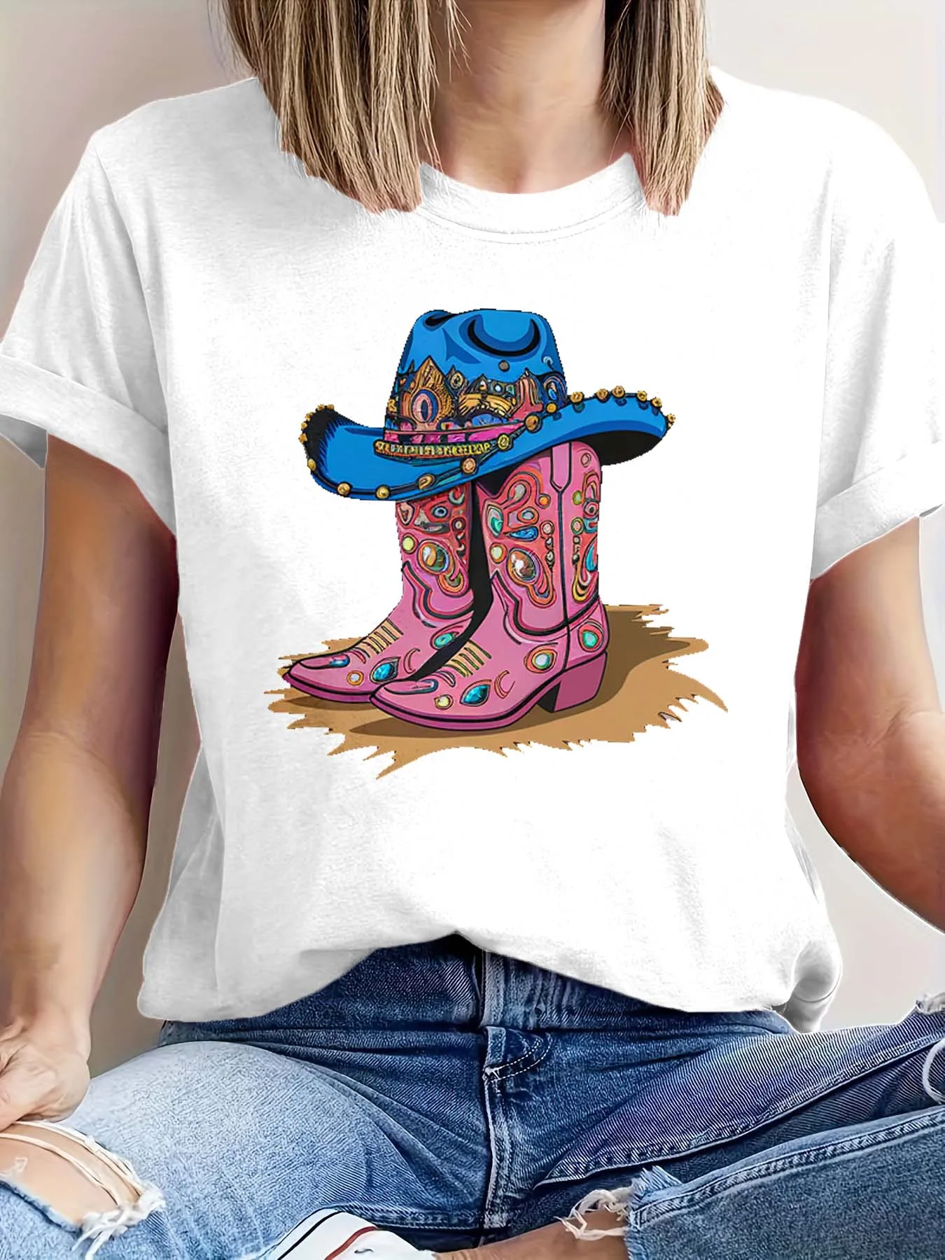 

Ковбойская шляпа и ботинки в западном стиле больших размеров, элегантная модная футболка с графическим рисунком для законодателей моды