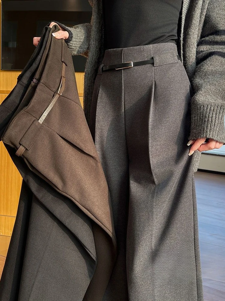 Pantalones de cintura alta para mujer, pantalón grueso de lana informal, holgado, largo completo, con botones, cintura alta, elegante, pierna ancha, otoño e invierno, 2025