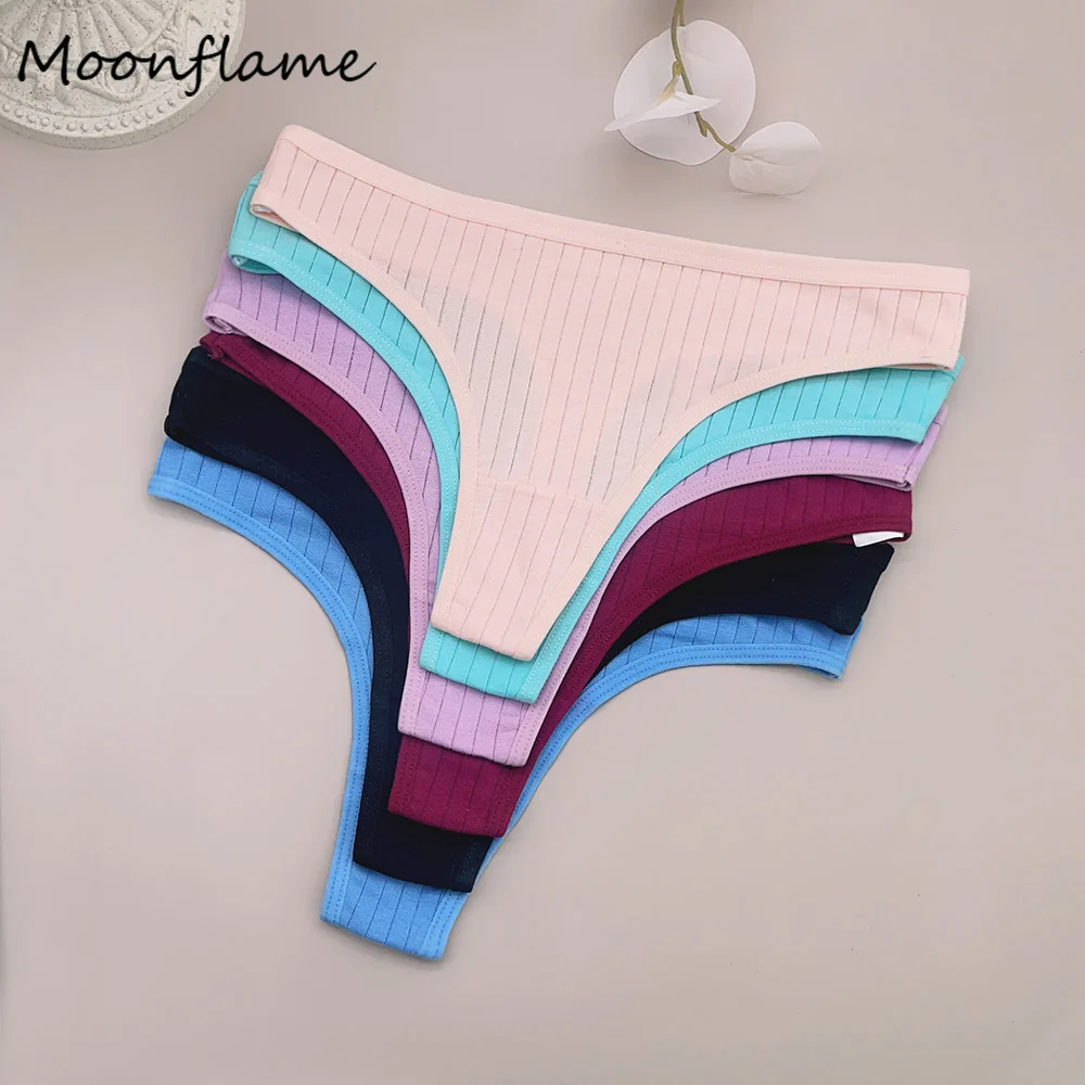 

Moonflame 5 PCS Women Cotton Thongs Panties Female Ribbed Low Rise G-String Ladies Sexy Bikini Solid Color Girl Soft Intimates