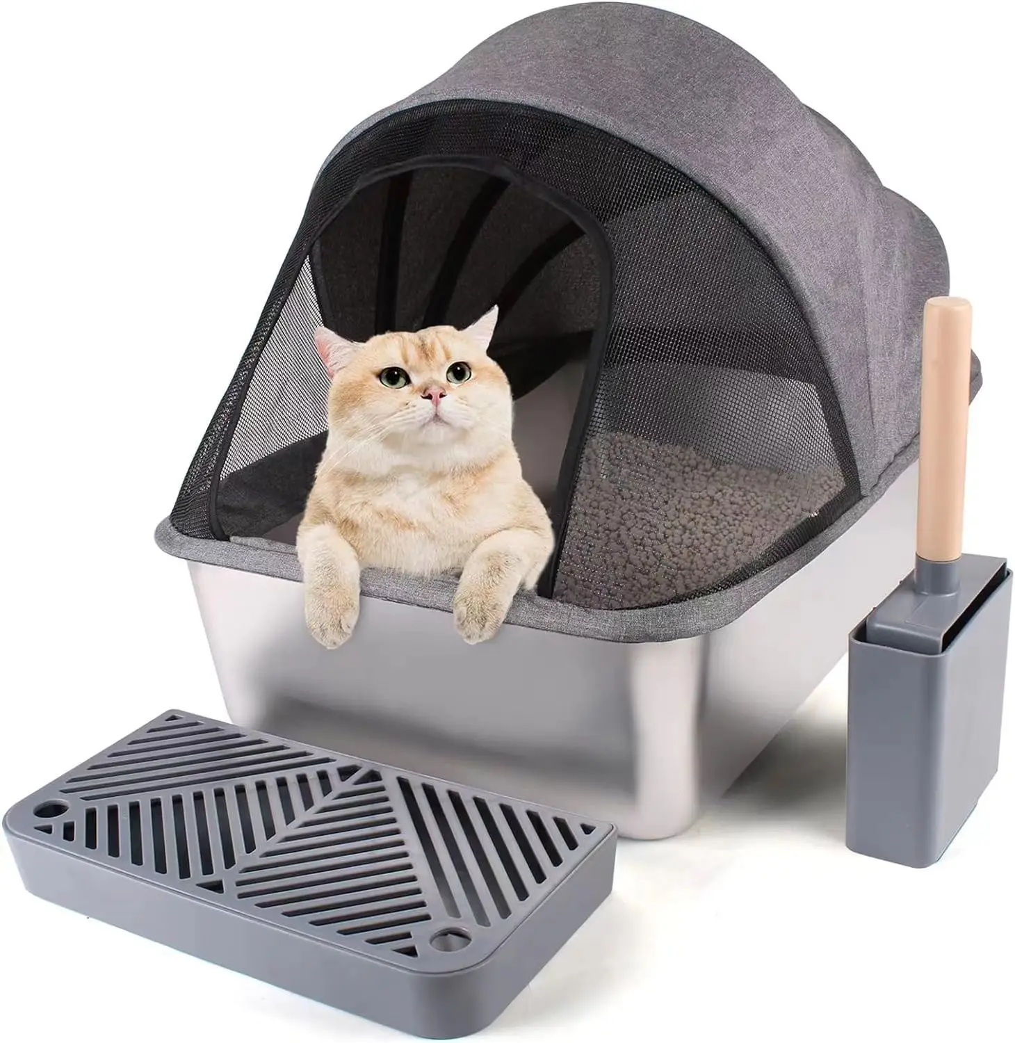 Enclosed Stainless Steel Cat Litter Box XL Cat Litter Box with High Wall Sides Enclosure, & Litter Scoop for Multiple Cats