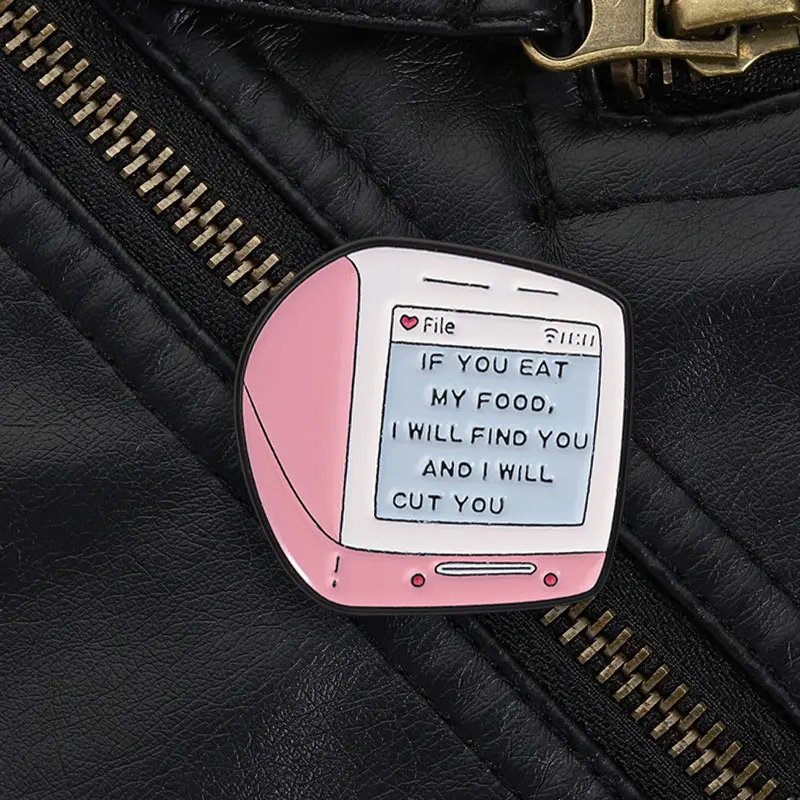 Old School Monitor Eat My Food Enamel Pin, Pink Retro Computer Brooch With Sarcastic Warning For Funny People And Gift Style