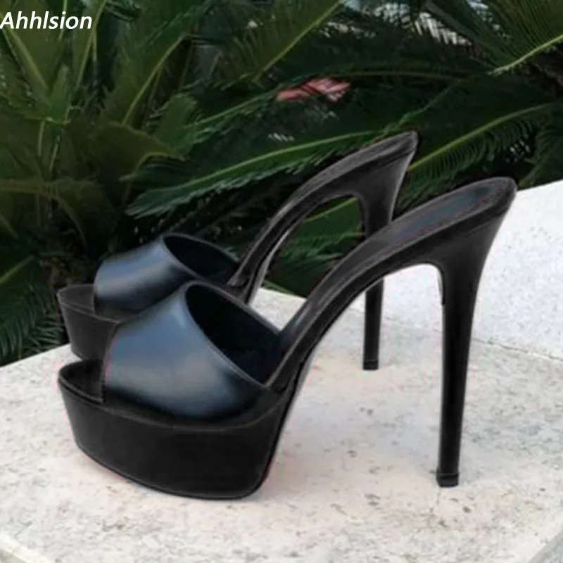 Ahhlsion Handmade Women Mules Sandals Slip On Sexy Stiletto Heeled Peep Toe Classics Black Party Shoes Ladies US Plus Size 5-20