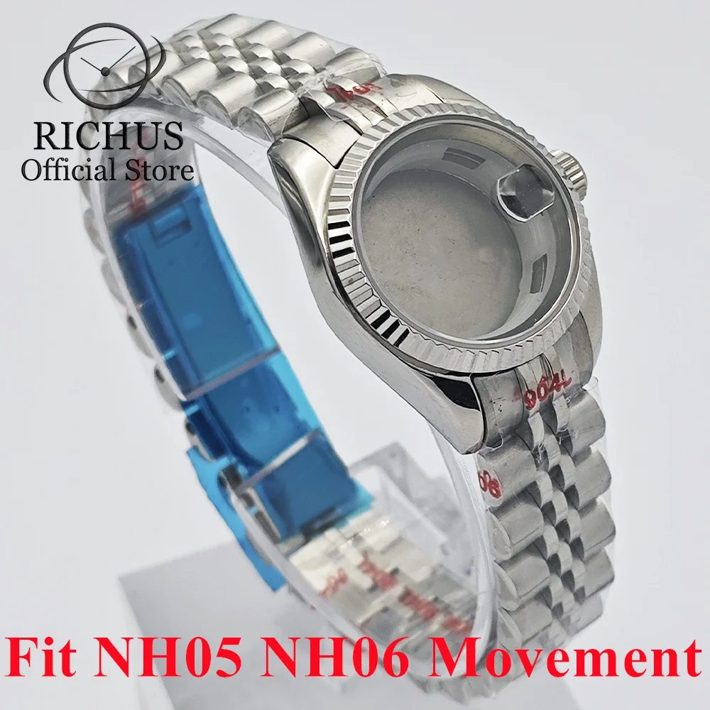 RICHUS 26mm/31mm Silver Gold RoseGold Stainless Steel Watch Case Sapphire Crystal Fit NH05 NH06 Movement Watch Accessories Parts