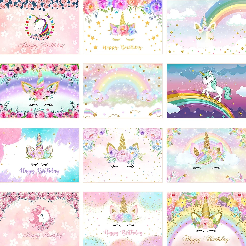 Unicorn Birthday Photography Backdrop Rainbow Newborn Baby Shower Background Decor Photocall Bokeh Glitter Colorful Photo Studio