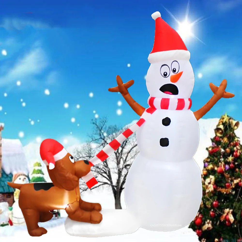 1.1M Christmas Inflatable Dog Bites Snowman Scarf Model Decoration Glowing Doll Cartoon Giant LED Lamp Party Gifts Outdoor Lawn