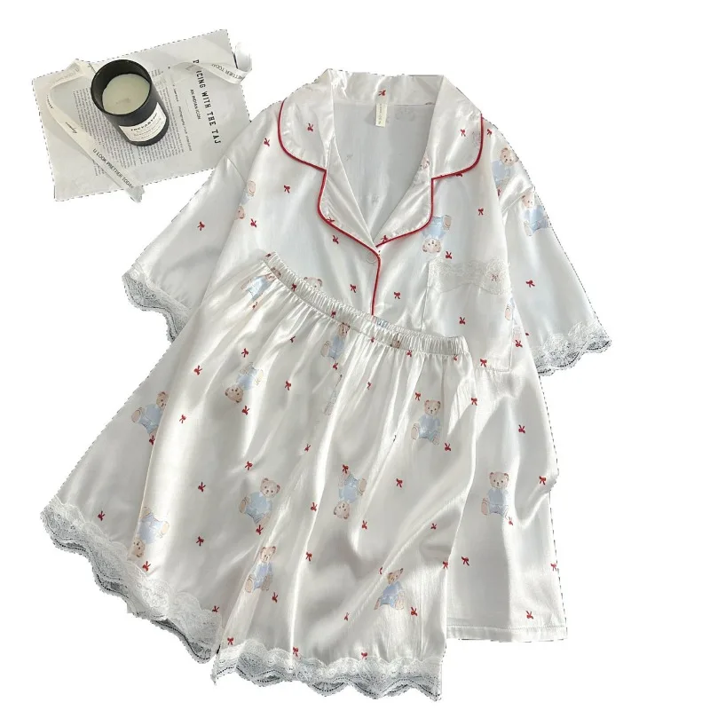 

Women's Summer Short-sleeved Suit High-end Simulation Silk Loungewear Cartoon Cute Outer Wear Cross-border Wholesale Pajamas