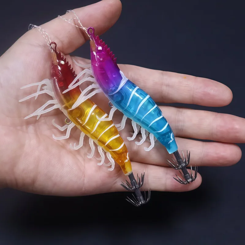 1PC 2.5#3.0# Luminous UV Squid Fishing Lure Wood Shrimp Jigs Horizontal Octopus Lures Cuttlefish Artificial Bait Jigging Hook