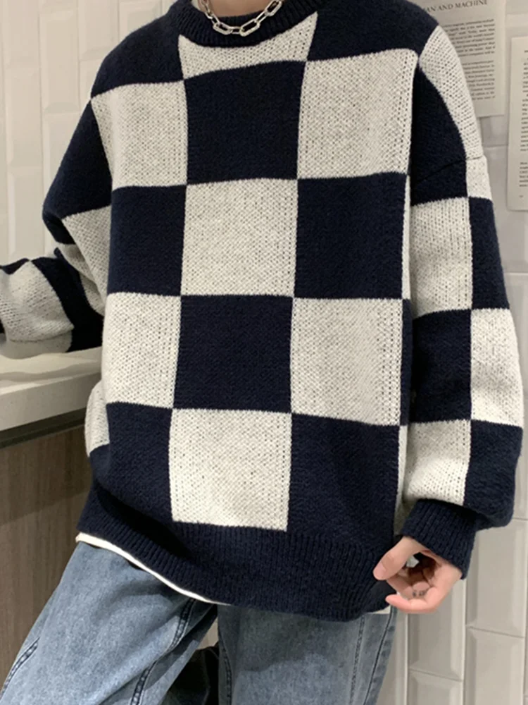 Chessboard Sweater For Men Patchwork Harajuku Street Retro Round Neck Pullovers Knitted Casual Loose Vintage Male Sweater Unisex