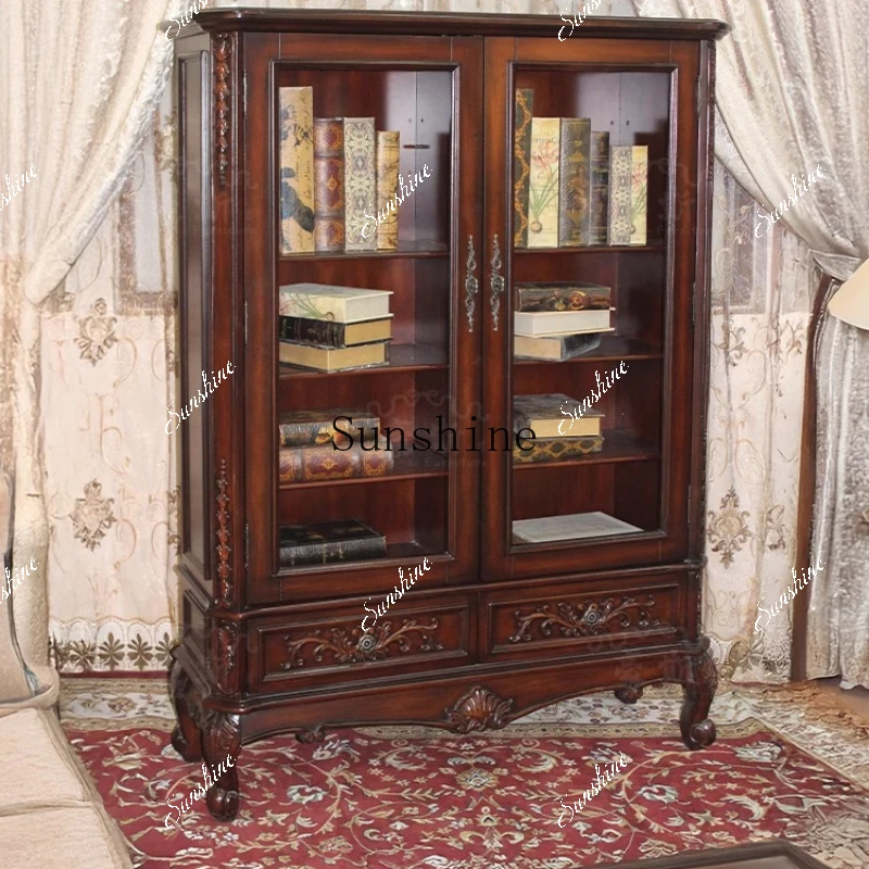 American retro style solid wood double door display cabinet living room glass door dust-proof finished product large capacity  F
