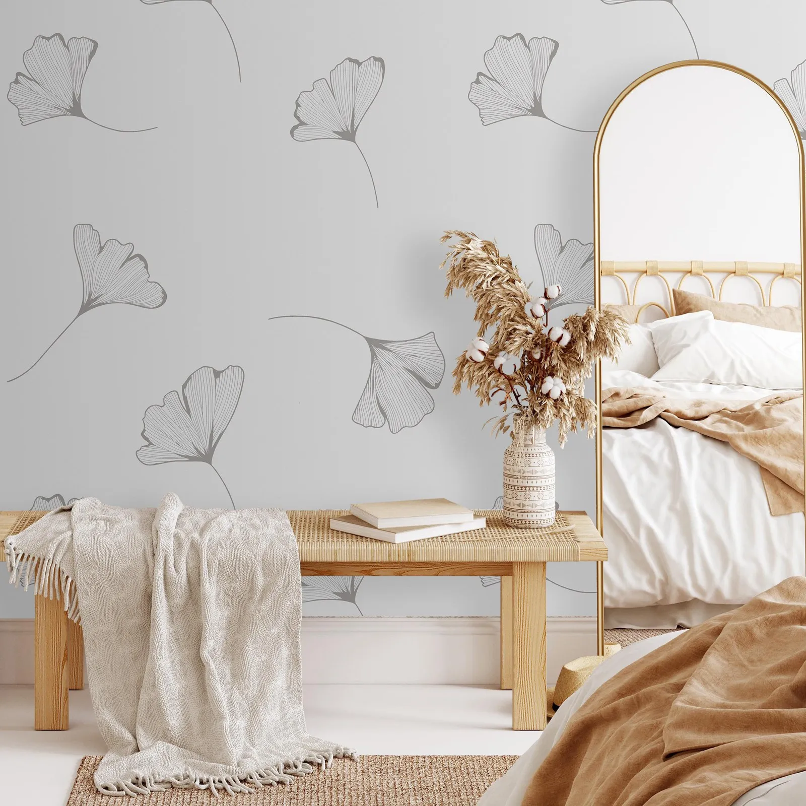 Gray Ginkgo Leaf Peel and Stick Wallpaper,Self Adhesive Neutral Botanical Wall Mural For Home Decor,Peel and Stick Or Tradition