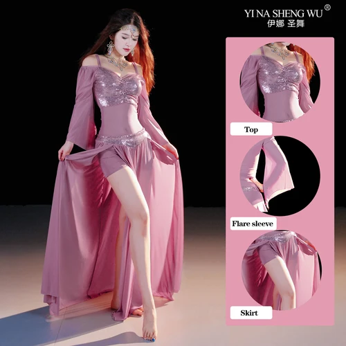Imagen 1 del producto Conjunto de trajes de danza del vientre para mujer, Top de media manga + falda larga, ropa de danza Oriental, traje de danza, 2 uds.