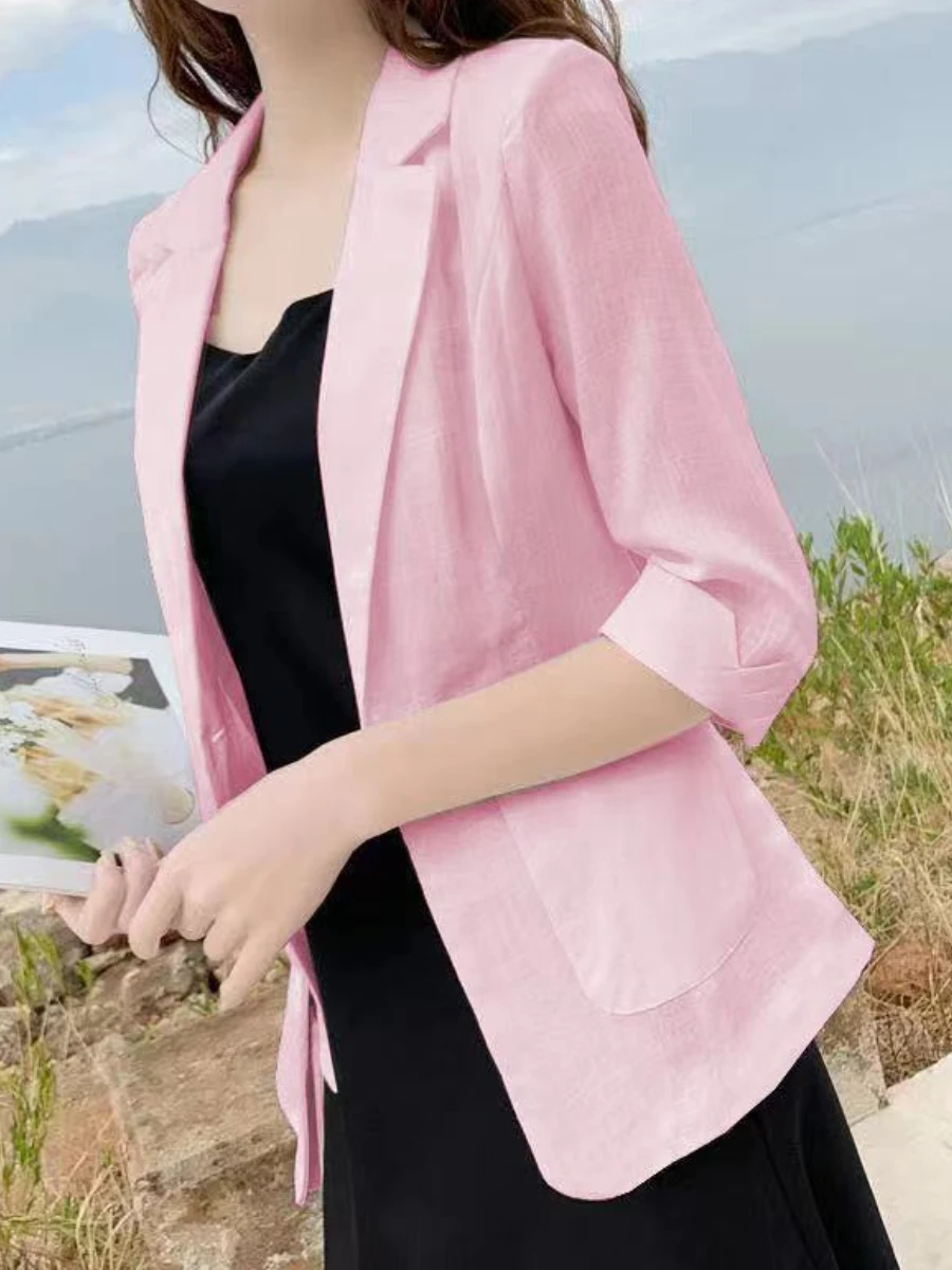 Plus Size Women\'s Suit Jacket Cotton Linen Commuting Wear Oversized Overcoat Thin Loose Fit Tops Casual Fashion Spring Summer