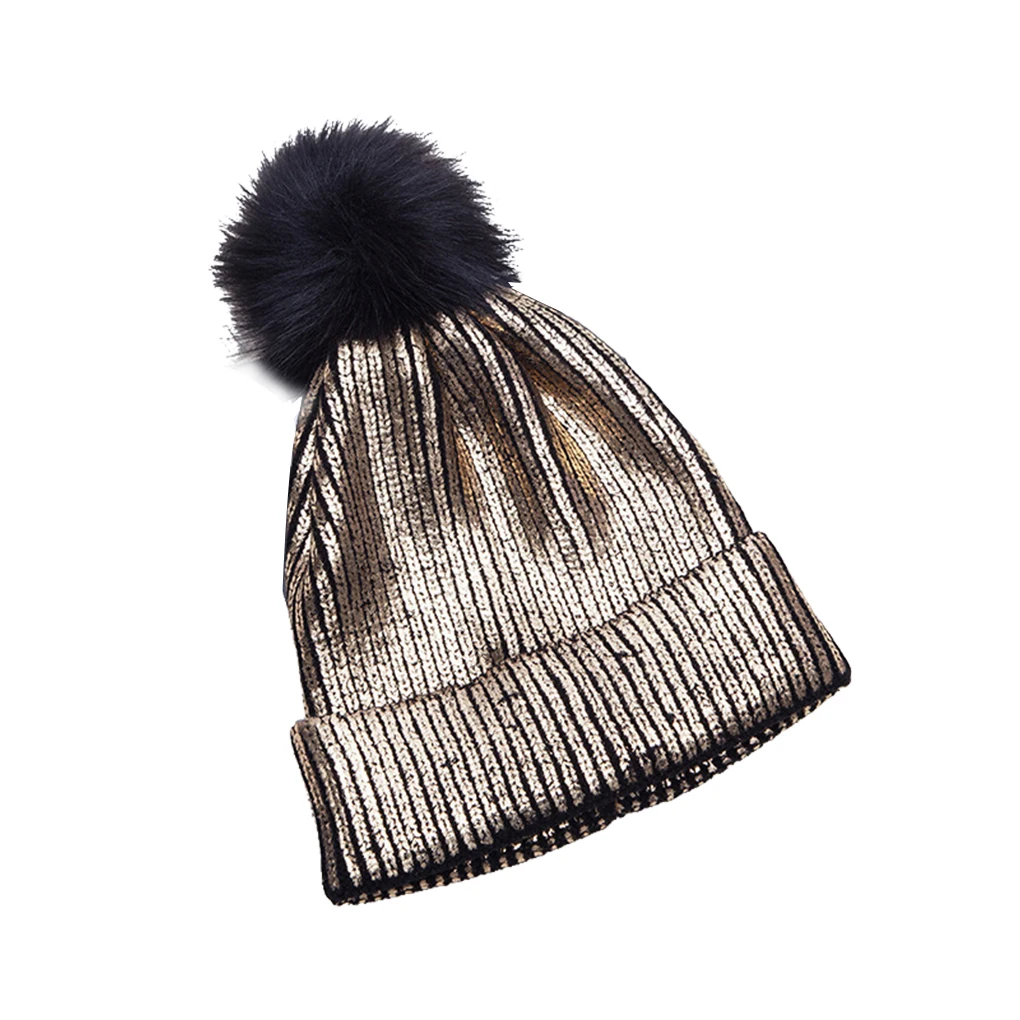 Winter Warmer Metallic Shiny Knitted Fashion Caps Beanies Hats Pompom Outdoor Skullies Accessories for Cycling