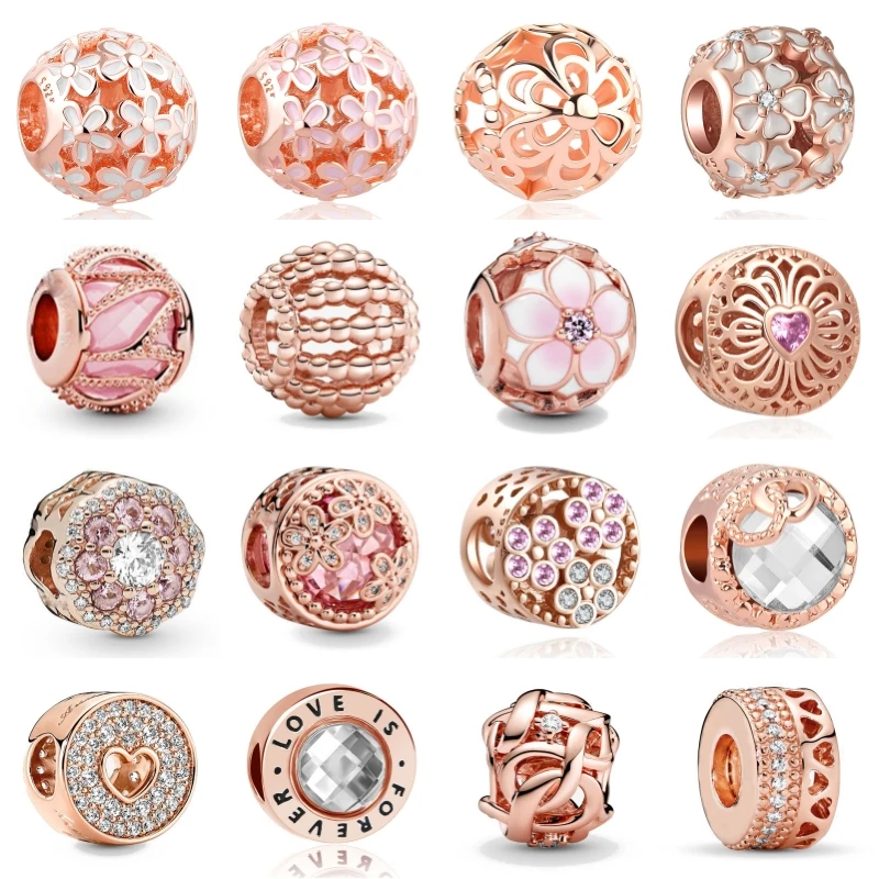 Nowa delikatna 925 srebrna róża pozłacana miłość wiszące kwiaty wisiorek z koralikami łapacz snów Pendat Fit oryginalna bransoletka Pandora biżuteria