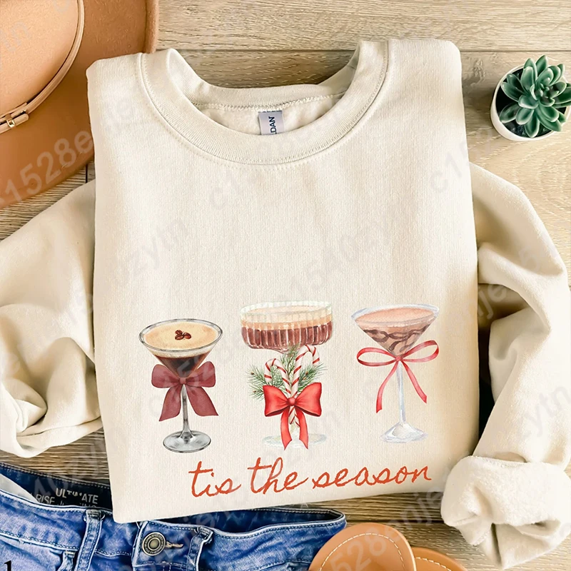 

Christmas Tis The Season Sweatshirts For Women, Fashion Wine Glasses & Red Bow Print Sweatshirt, Casual Crew Neck Xmas Pullovers