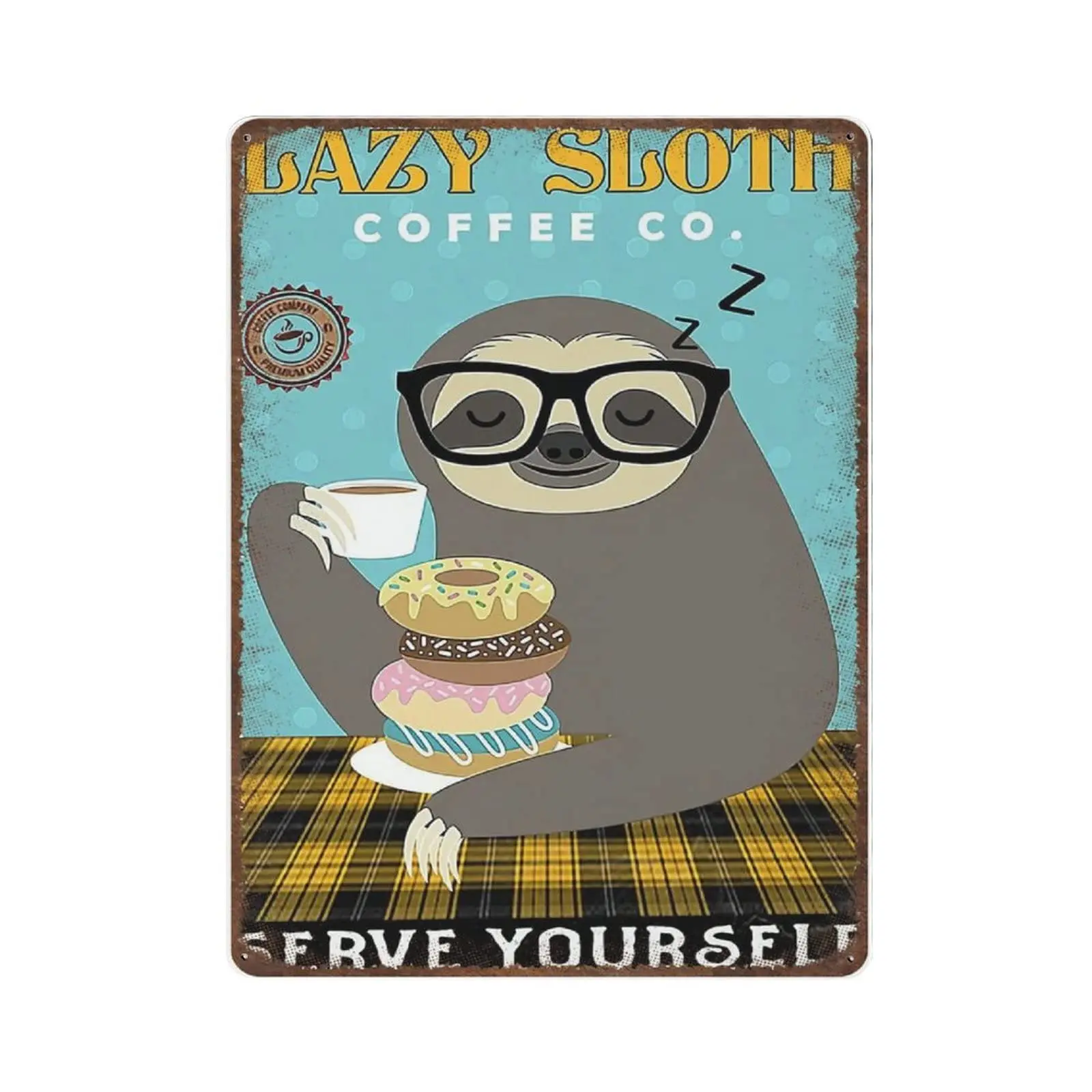 Vintage Thick Metal Tin Sign-Lazy Sloth Coffee Serve Yourself Tin Sign -Novelty Posters，Home Decor Wall Art，Funny Signs for Home