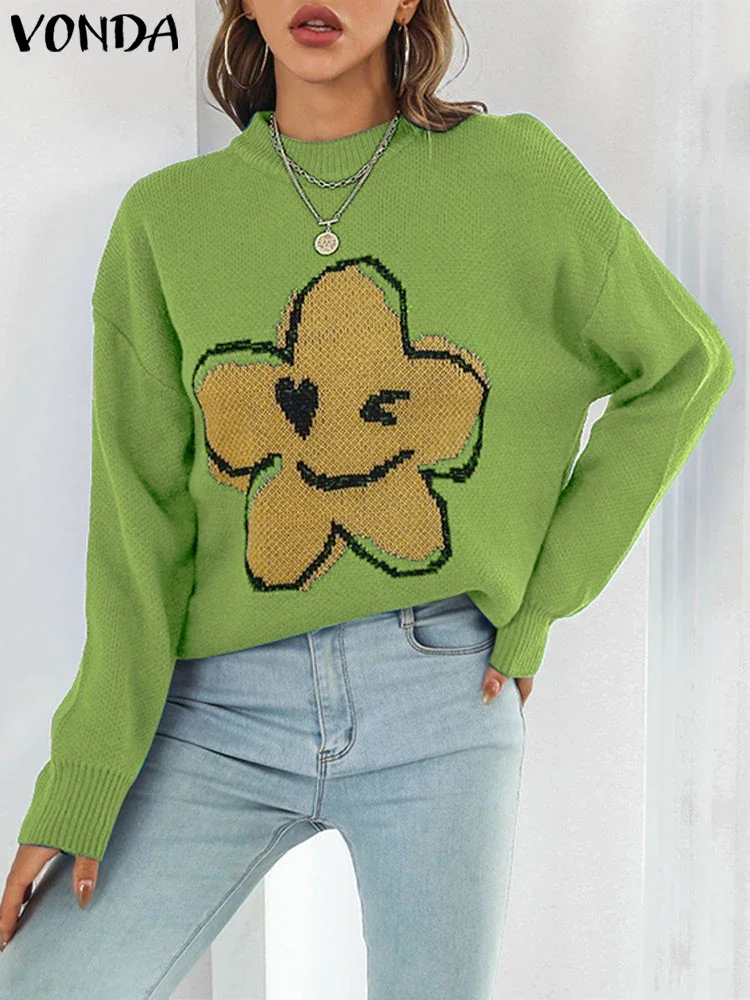 

Осенние вязаные пуловеры с круглым вырезом, женские свитера 2025 VONDA, повседневные свободные джемперы с длинными рукавами, модная женская зимняя верхняя одежда