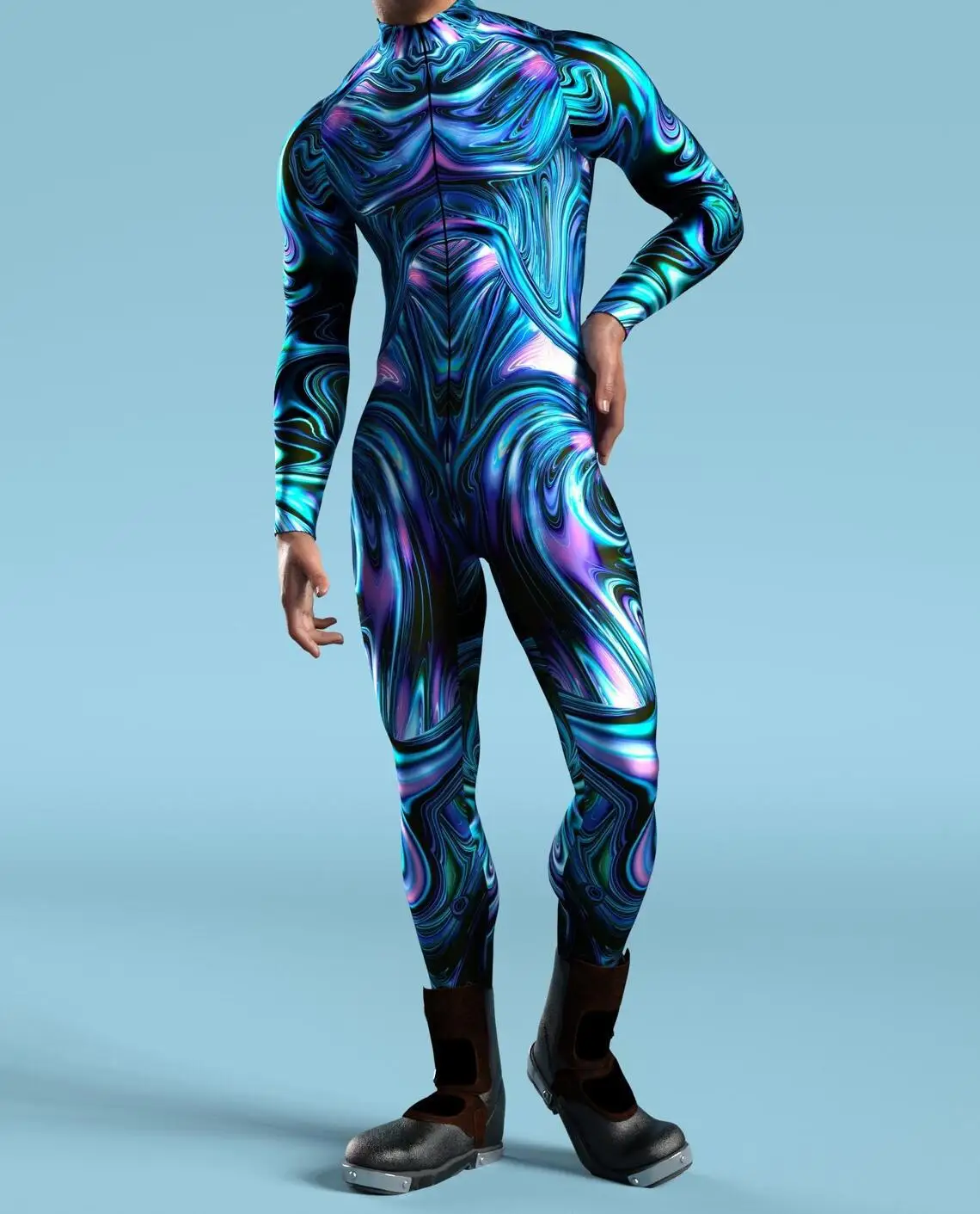 Mehrfarbiger Digitaldruck-Jumpsuit für Damen, Cosplay, Halloween, Karneval, Kostümparty, Performance, Reißverschluss, elastischer, schmaler Bodysuit – Detail 25