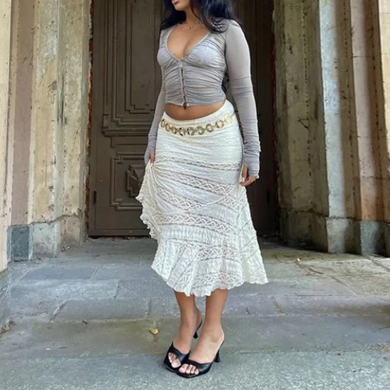 Tuularose Lace Irregularly Long Skirt For Women Hollow See Through High Waist Skirt Female Beach Vacation Casual Fashion Skirts