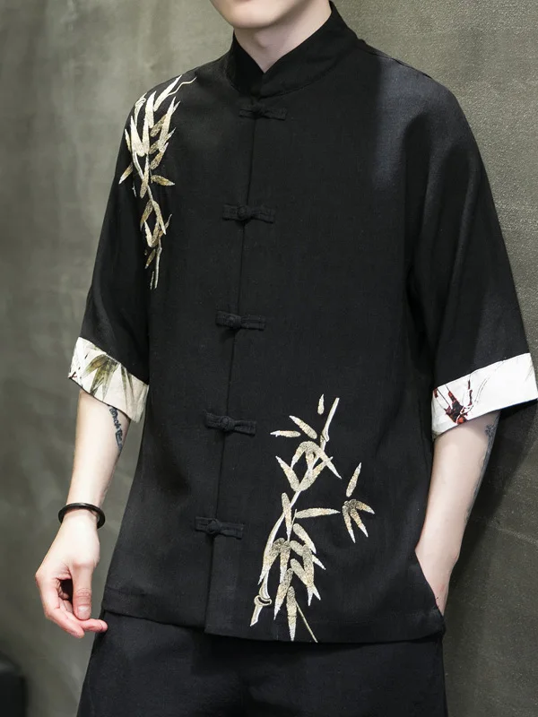 

New Chinese Style Men's Ice Silk Linen Short Sleeve Shirt Summer Set Traditional Hanfu Clothing Breathable Loose Fit Youth Fa...