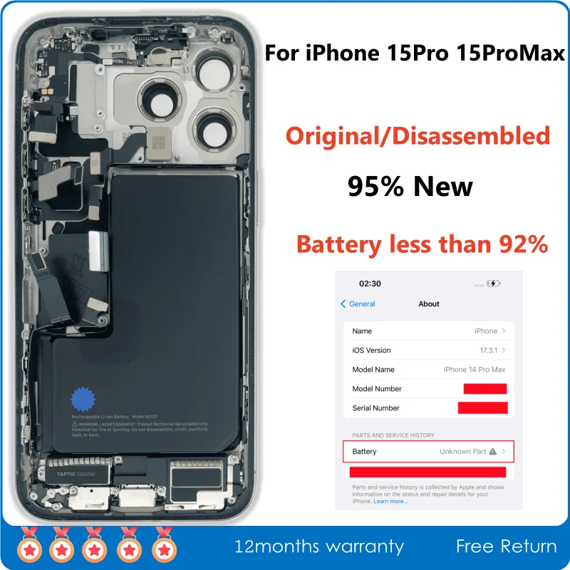 

Original Disassembled Middle Housing, Back Glass Cover for iPhone 15 Pro Max with Battery, NFC Wireless Assembly, 95% New