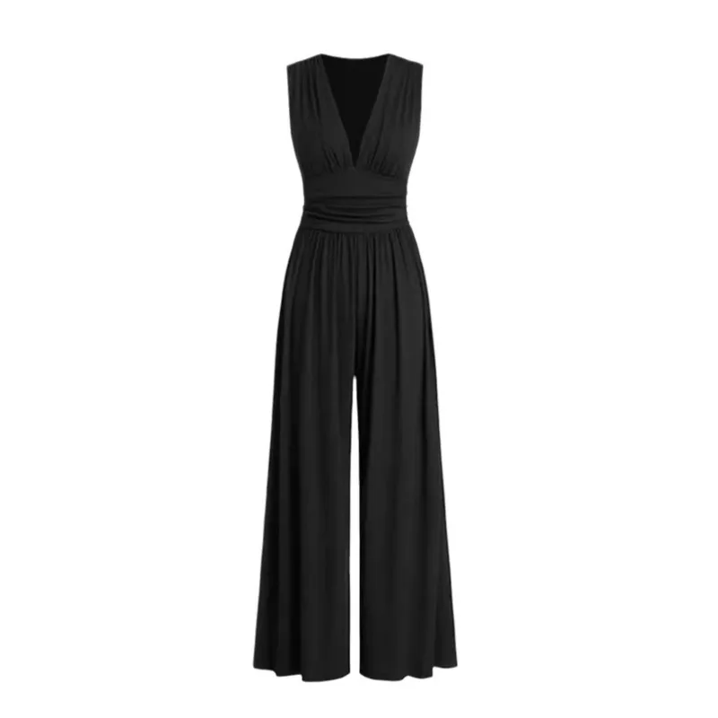 Women's Jumpsuit Elegant Solid Color Sexy Sleeveless Deep V-neck Pleated Elastic Waistband Loose Wide Legs Trousers Bodysuits