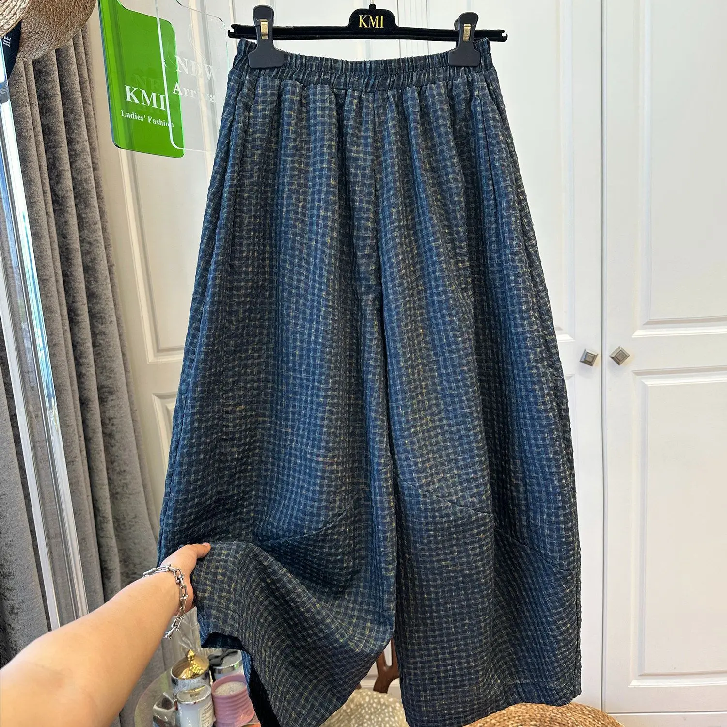 High Waist Bubble Cloth Casual Pants Loose Knife Nine Points Summer plus Size 300 Pounds Plaid Style Men's Polyester Fiber
