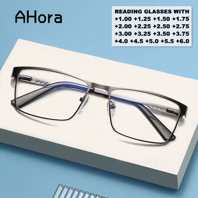 Ahora Men Square Metal Large Frame Reading Очки для чтения при пресбиопии +1,25 1,5 1,75 2,0 2,25 2,5 2,75 3,0 3,5 4 4,5 5,0 5,5 6,0