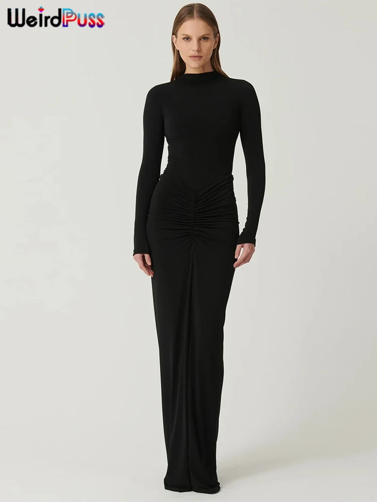 Weird Puss Hipster Ruched Dress Women o-NeckFull Sleeve Skinny Stretch Robe Autumn Trend Simple Classic Pleats Long Bodycon - Image 2