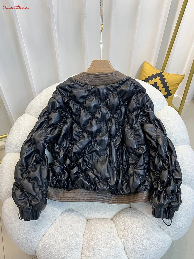 Soft Real Leather Jacekts Cotton coats Natural Sheep Leather outerwear Female Fashion Bubbles Design Real Leather Jackets wy2080