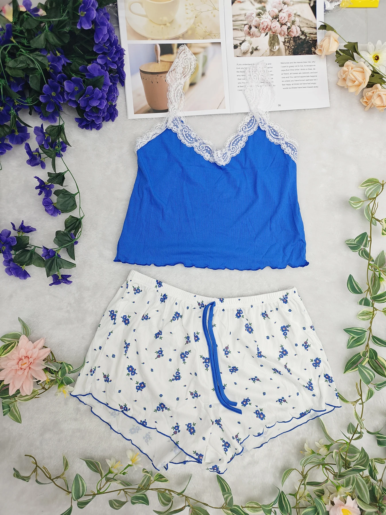2025年新作-レース付きホームウェア2点セット-クールで快適なキャミソール＋花柄ショートパンツ