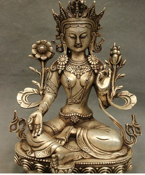 

decoration bronze factory outlets Tibet Silver 11" Tibet Mahayana Buddhism White Copper Silver Green Tara Goddess Buddha Statue