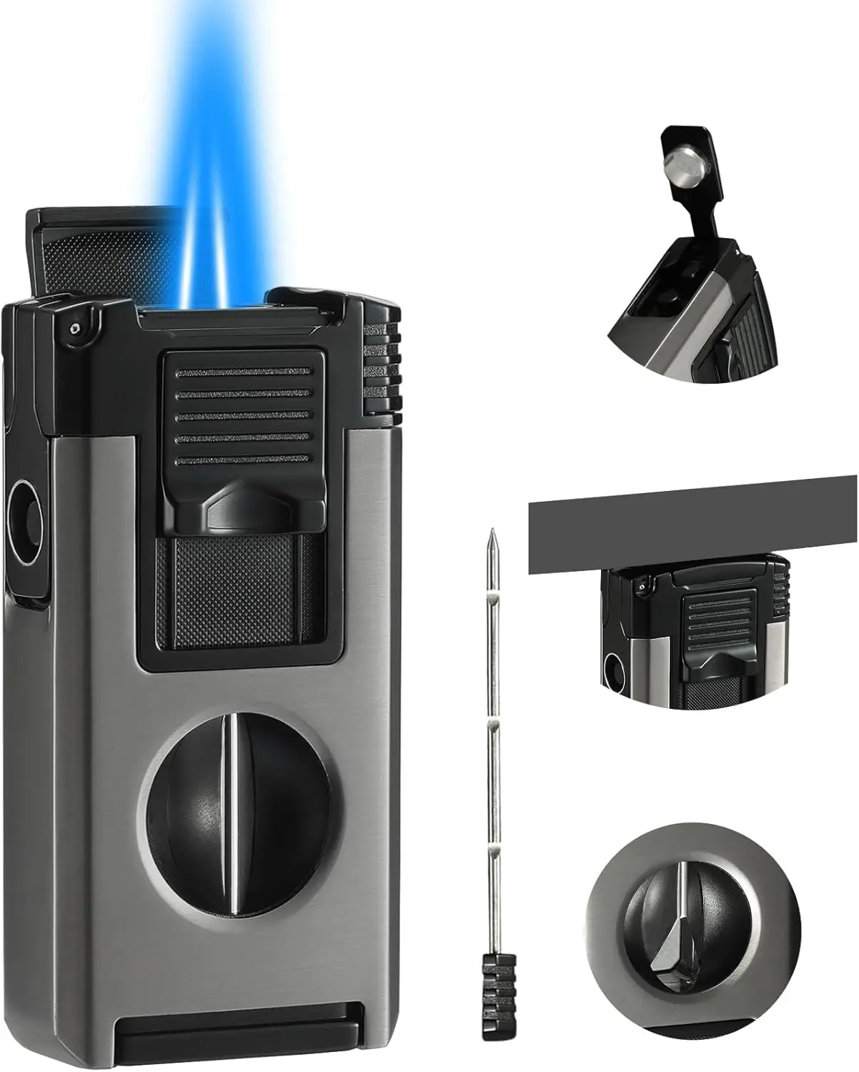 

Универсальная газовая горелка-зажигалка Jet Flame с резаком, пробойником, держателем, усилителем пламени - перезаправляемая, регулируемая, ветрозащитная, черная/серая